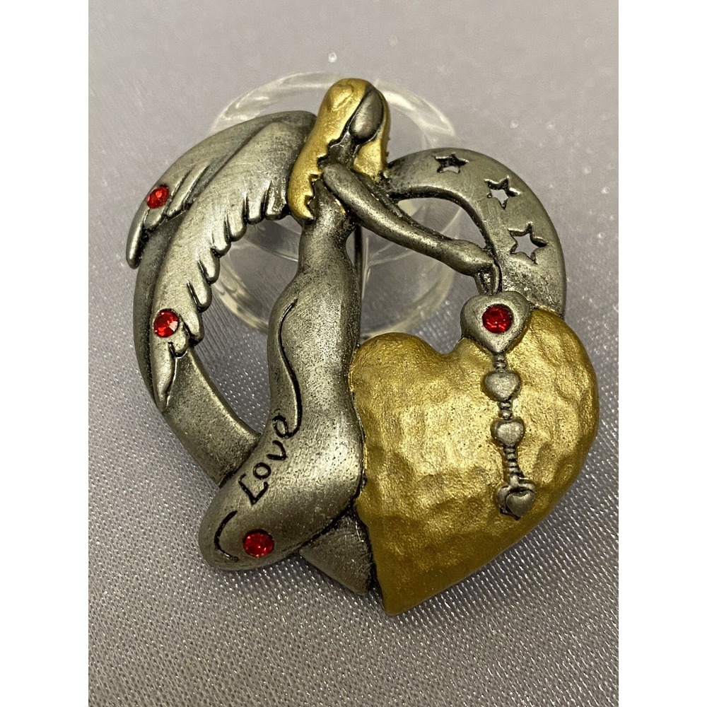 Pewter Art LOVE ANGEL Gold HEARTS Red Rhinestones Cut Out Stars Sign DD Brooch
